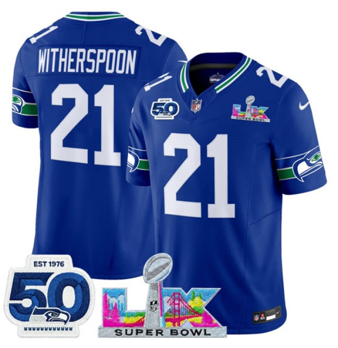 Men's Seattle Seahawks #21 Devon Witherspoon Royal 2025 F.U.S.E. Super Bowl LX And 50th Season Vapor Throwback Limited Football Stitched Jersey