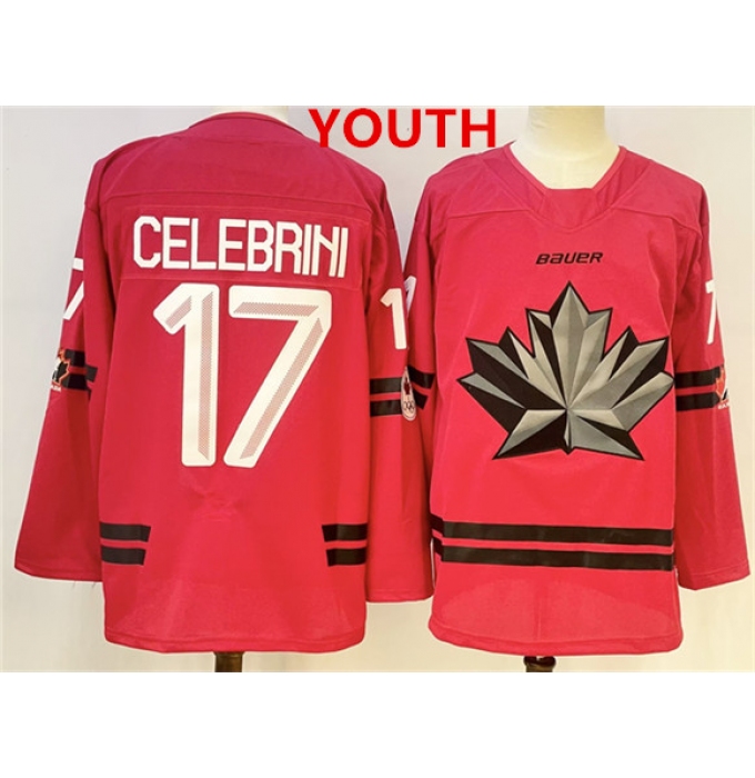 Youth Canada Hockey #17 Macklin Celebrini Red 2026 Olympics Stitched Jersey
