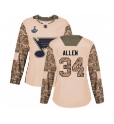Women's St. Louis Blues #34 Jake Allen Authentic Camo Veterans Day Practice 2019 Stanley Cup Champions Hockey Jersey