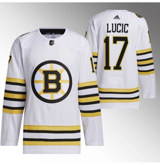 Men's Boston Bruins #17 Milan Lucic White 100th Anniversary Stitched Jersey