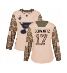 Women's St. Louis Blues #17 Jaden Schwartz Authentic Camo Veterans Day Practice 2019 Stanley Cup Final Bound Hockey Jersey