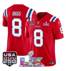 Men's New England Patriots #8 Stefon Diggs Red 2025 F.U.S.E. Super Bowl LX And USA 250 Vapor Limited Football Stitched Jersey