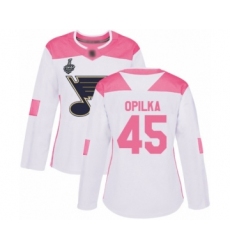 Women's St. Louis Blues #45 Luke Opilka Authentic White Pink Fashion 2019 Stanley Cup Final Bound Hockey Jersey