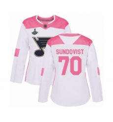 Women's St. Louis Blues #70 Oskar Sundqvist Authentic White  Pink Fashion 2019 Stanley Cup Champions Hockey Jersey