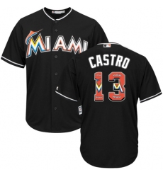 Men's Majestic Miami Marlins #13 Starlin Castro Authentic Black Team Logo Fashion Cool Base MLB Jersey
