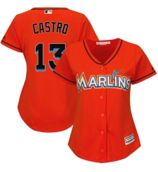 Women's Majestic Miami Marlins #13 Starlin Castro Authentic Orange Alternate 1 Cool Base MLB Jersey