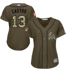 Women's Majestic Miami Marlins #13 Starlin Castro Replica Green Salute to Service MLB Jersey