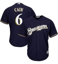 Men's Majestic Milwaukee Brewers #6 Lorenzo Cain Replica Navy Blue Alternate Cool Base MLB Jersey
