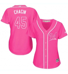 Women's Majestic Milwaukee Brewers #45 Jhoulys Chacin Replica Pink Fashion Cool Base MLB Jersey