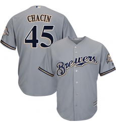 Youth Majestic Milwaukee Brewers #45 Jhoulys Chacin Replica Grey Road Cool Base MLB Jersey