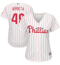 Women's Majestic Philadelphia Phillies #49 Jake Arrieta Replica White/Red Strip Home Cool Base MLB Jersey