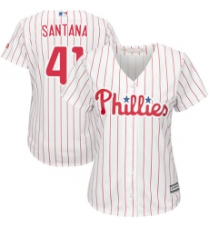 Women's Majestic Philadelphia Phillies #41 Carlos Santana Authentic White/Red Strip Home Cool Base MLB Jersey