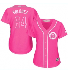 Women's Majestic Texas Rangers #64 Edinson Volquez Authentic Pink Fashion Cool Base MLB Jersey