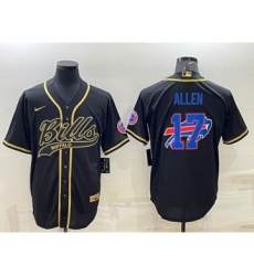 Mens Buffalo Bills #17 Josh Allen Black Gold Team Big Logo With Patch Cool Base Stitched Baseball Jersey