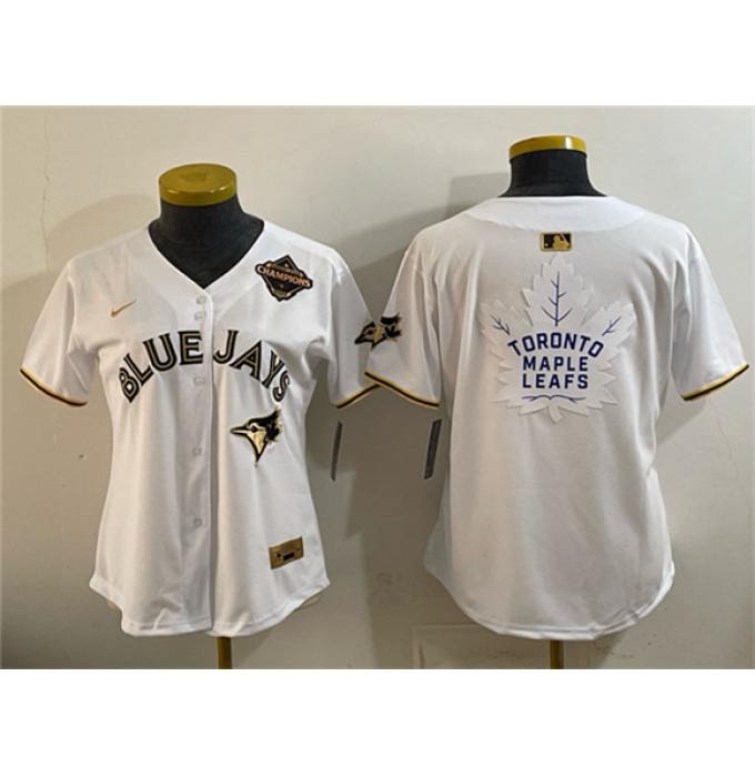 Youth Toronto Blue Jays & Leafs White Gold 2025 American League Champions With White Leafs Logo Limited Stitched Baseball Jersey
