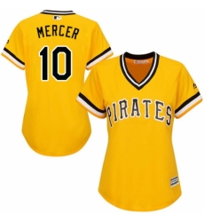Women's Majestic Pittsburgh Pirates #10 Jordy Mercer Replica Gold Alternate Cool Base MLB Jersey