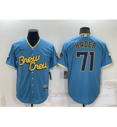 Men's Milwaukee Brewers #71 Josh Hader Blue 2022 City Connect Cool Base Stitched Jersey