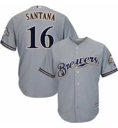 Men's Majestic Milwaukee Brewers #16 Domingo Santana Replica Grey Road Cool Base MLB Jersey
