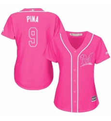 Women's Majestic Milwaukee Brewers #9 Manny Pina Authentic Pink Fashion Cool Base MLB Jersey