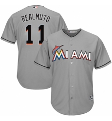 Men's Majestic Miami Marlins #11 J. T. Realmuto Replica Grey Road Cool Base MLB Jersey