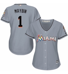 Women's Majestic Miami Marlins #1 Cameron Maybin Authentic Grey Road Cool Base MLB Jersey