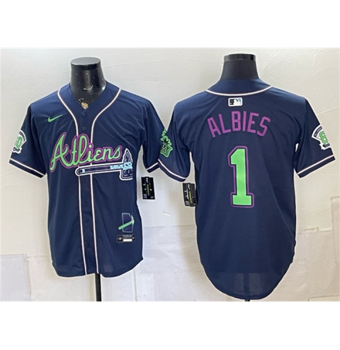 Men's Atlanta Braves #1 Ozzie Albies Navy Galaxy With Outkast Vapor Limited Stitched Baseball Jersey