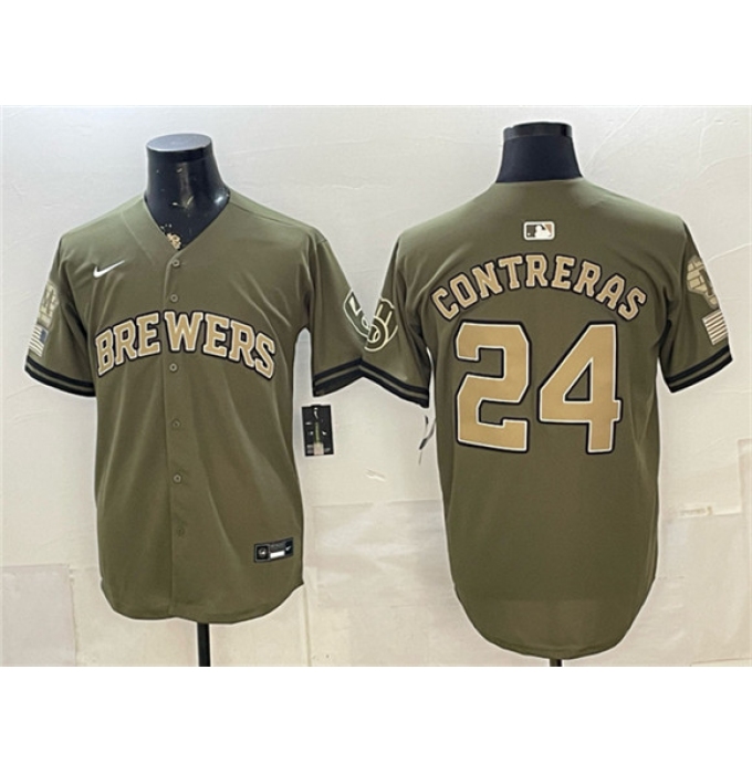 Men's Milwaukee Brewers #24 William Contreras Olive 2026 Armed Forces Day Stitched Baseball Jersey