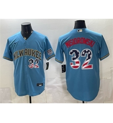 Men's Milwaukee Brewers #32 Jacob Misiorowski Blue 2026 USA 250 Fourth of July Home Stadium Stitched Baseball Jersey