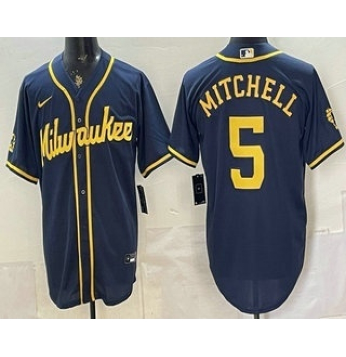 Men's Milwaukee Brewers #5 Garrett Mitchell Navy Blue Stitched Cool Base Jersey
