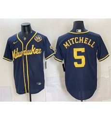Men's Milwaukee Brewers #5 Garrett Mitchell Navy With Home & Bob Uecker Patch Limited Stitched Baseball Jersey