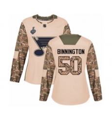 Women's St. Louis Blues #50 Jordan Binnington Authentic Camo Veterans Day Practice 2019 Stanley Cup Final Bound Hockey Jersey