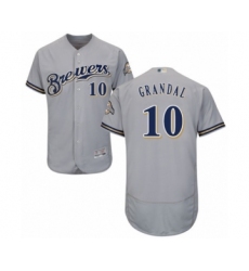 Men's Milwaukee Brewers #10 Yasmani Grandal Grey Road Flex Base Authentic Collection Baseball Jersey
