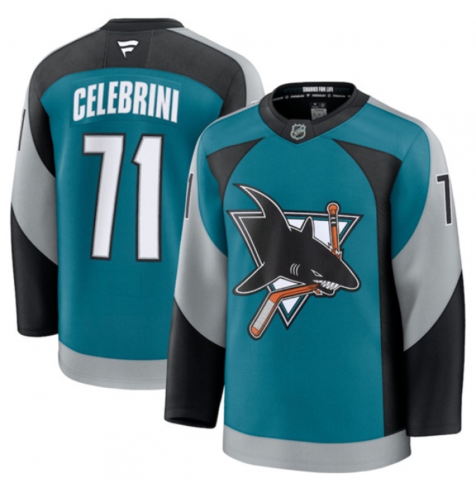 Men's San Jose Sharks #71 Macklin Celebrini Teal 2025 Alternate Stitched Hockey Jersey