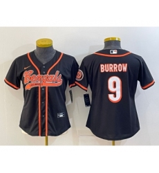 Women's Cincinnati Bengals #9 Joe Burrow Black With Patch Cool Base Stitched Baseball Jersey Women's Cincinnati Bengals #9 Joe Burrow Black With Patch Cool Base Stitched Baseball Jersey