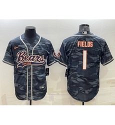 Men's Chicago Bears Blank #1 Justin Fields Grey Camo With Patch Cool Base Stitched Baseball Jersey