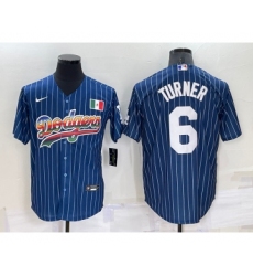 Men's Los Angeles Dodgers #6 Trea Turner Rainbow Blue Red Pinstripe Mexico Cool Base Nike Jersey
