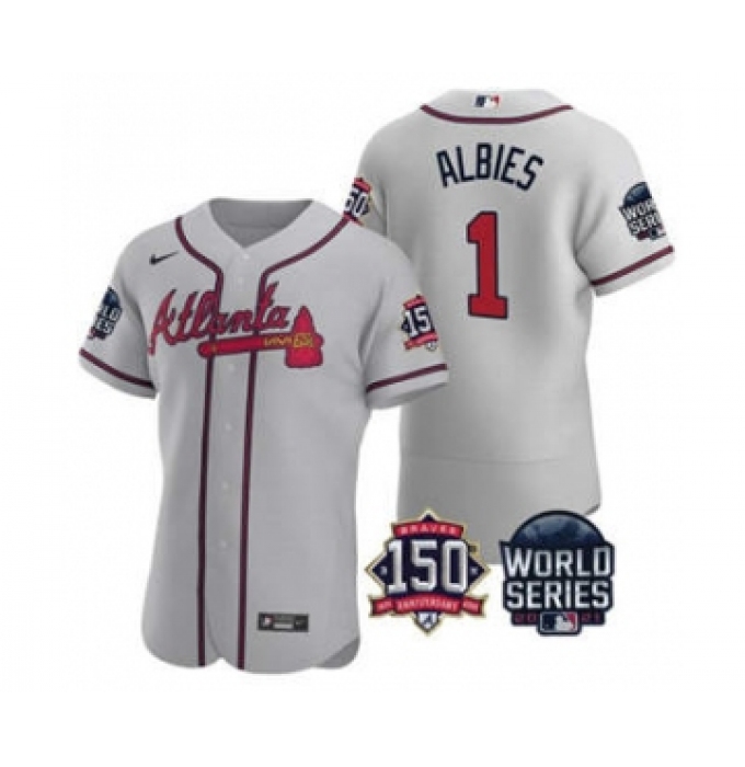 Men's Atlanta Braves #1 Ozzie Albies 2021 Gray World Series Flex Base With 150th Anniversary Patch Baseball Jersey