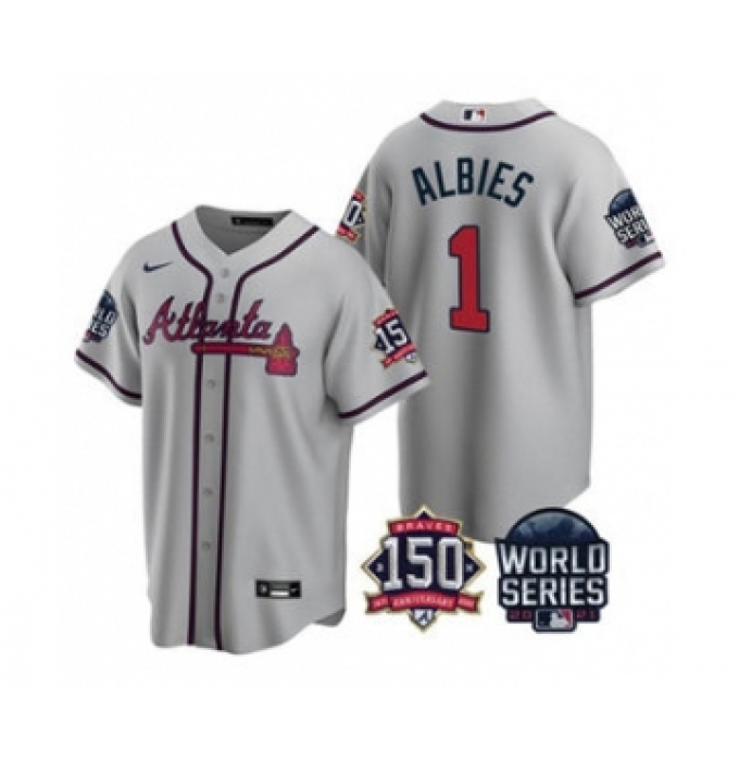 Men's Atlanta Braves #1 Ozzie Albies 2021 Gray World Series With 150th Anniversary Patch Cool Base Baseball Jersey