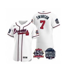 Men's Atlanta Braves #7 Dansby Swanson 2021 White World Series Flex Base With 150th Anniversary Patch Baseball Jersey