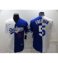 Mens Los Angeles Dodgers #5 Freddie Freeman White Blue Split Cool Base Stitched Baseball Jersey
