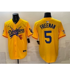Men's Los Angeles Dodgers x One Piece #5 Freddie Freeman Yellow Vapor Premier Limited Stitched Baseball Jersey