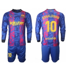 Men 2021-2022 Club Barcelona Second away blue Long Sleeve 10 Soccer Jersey