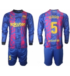 Men 2021-2022 Club Barcelona Second away blue Long Sleeve 5 Soccer Jersey