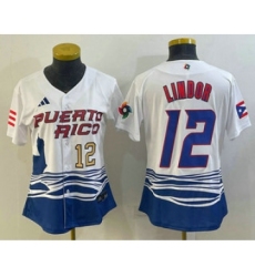Womens Puerto Rico Baseball #12 Francisco Lindor Number 2023 White World Classic Stitched Jersey