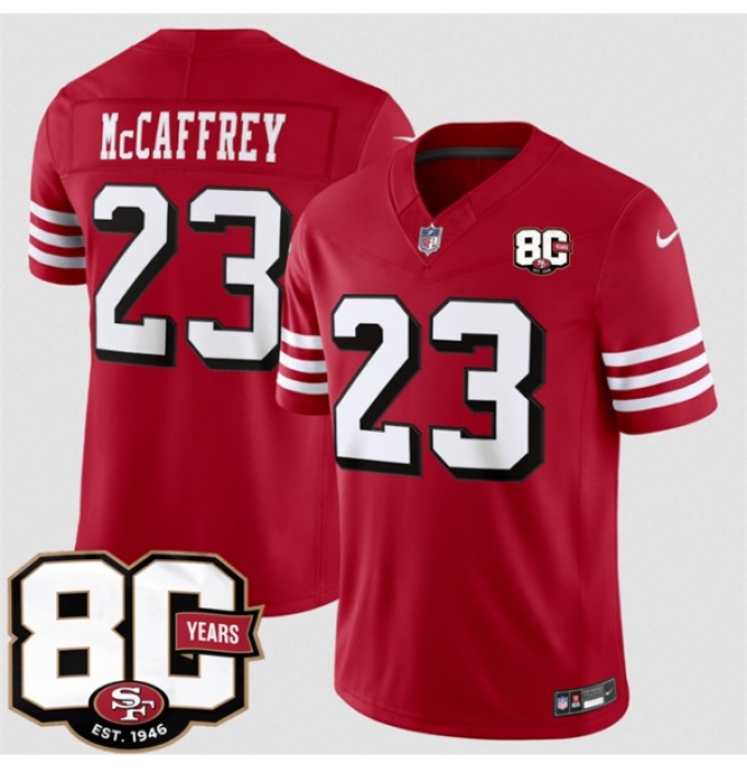 Men's San Francisco 49ers #23 Christian McCaffrey New Red 80th Anniversary 2026 F.U.S.E. Vapor Untouchabl Limited Football Stitched Jersey