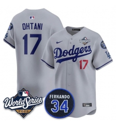 Men's Los Angeles Dodgers #17 Shohei Ohtani Gray 2025 World Series With No. 34 Limited Stitched Jersey