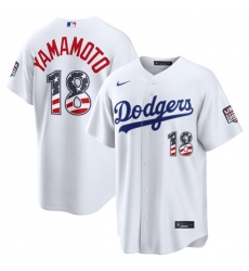 Men's Los Angeles Dodgers #18 Yoshinobu Yamamoto White USA 250 Fourth of July Home Stitched Baseball Jersey