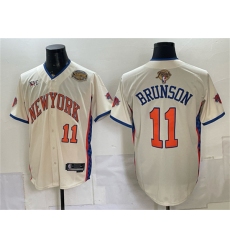 Men's New York Knicks #11 Jalen Brunson Cream 2026 Finals & Eastern Conference Champions Stitched Baseball Jersey