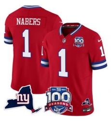 Men's New York Giants 1 Malik Nabers Red 2024 F U S E 100th Season And State Vapor Limited Stitched Football Jersey