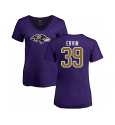 Football Women's Baltimore Ravens #39 Tyler Ervin Purple Name & Number Logo T-Shirt